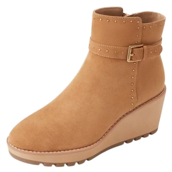 NWT Anne Klein Womens Brown Faux Suede Pamela Studded Wedge Ankle Bootie Size 9M - Picture 1 of 11